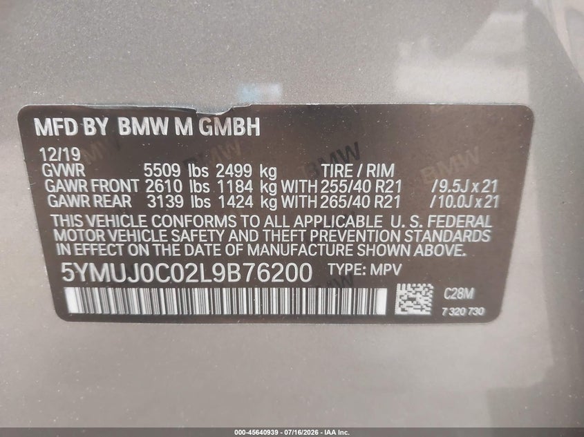 2020 BMW X4 M Competition VIN: 5YMUJ0C02L9B76200 Lot: 45640939