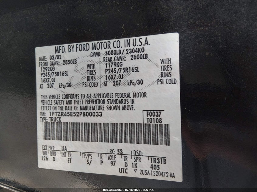 2002 Ford Ranger Edge/Xlt VIN: 1FTZR45E52PB00033 Lot: 45640969