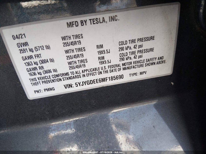 2021 Tesla Model Y Long Range Dual Motor All-Wheel Drive VIN: 5YJYGDEE6MF185690 Lot: 45640997