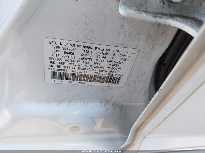 2010 Honda Fit Sport VIN: JHMGE8H69AC005199 Lot: 45641013