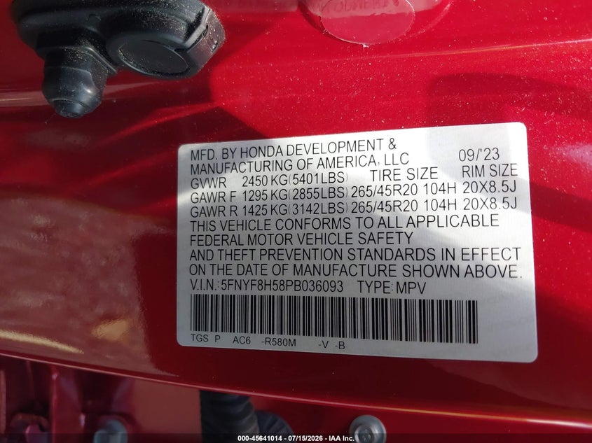2023 Honda Passport Awd Ex-L VIN: 5FNYF8H58PB036093 Lot: 45641014