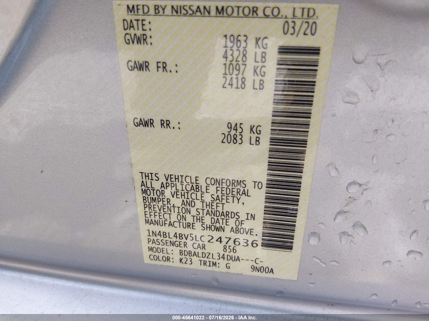 2020 Nissan Altima S Fwd VIN: 1N4BL4BV5LC247636 Lot: 45641022