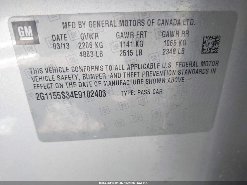 2014 Chevrolet Impala 2Lz VIN: 2G1155S34E9102403 Lot: 45641032