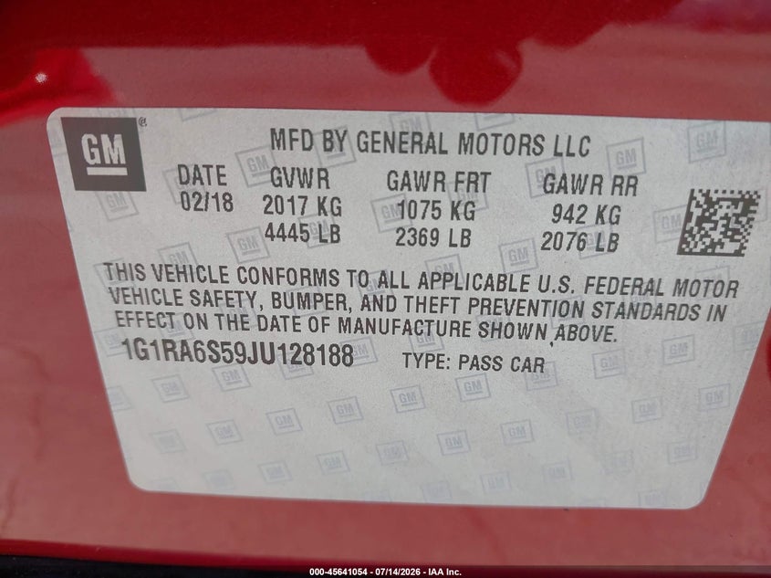2018 Chevrolet Volt Lt VIN: 1G1RA6S59JU128188 Lot: 45641054