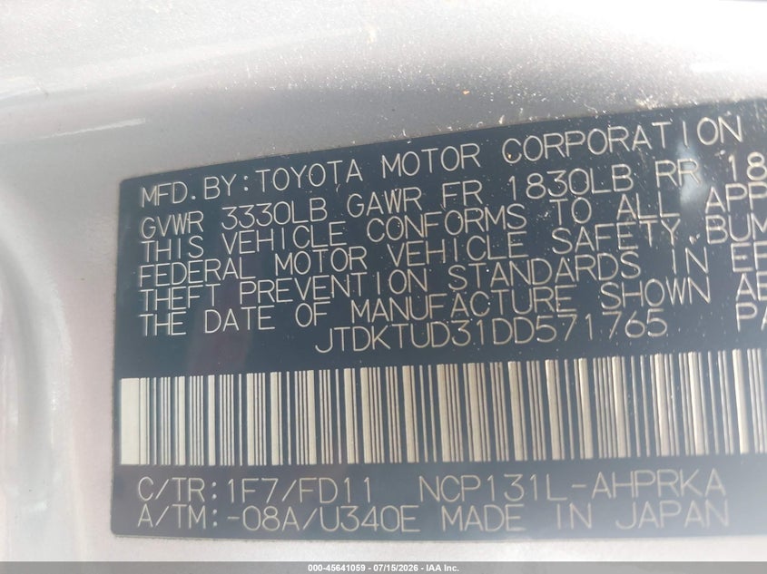 2013 Toyota Yaris Se VIN: JTDKTUD31DD571765 Lot: 45641059
