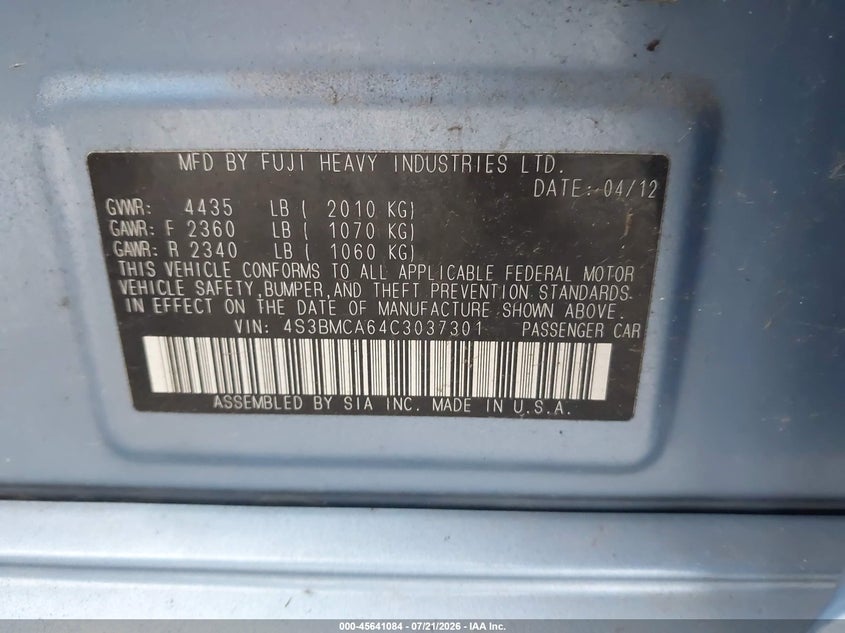 2012 Subaru Legacy 2.5I VIN: 4S3BMCA64C3037301 Lot: 45641084