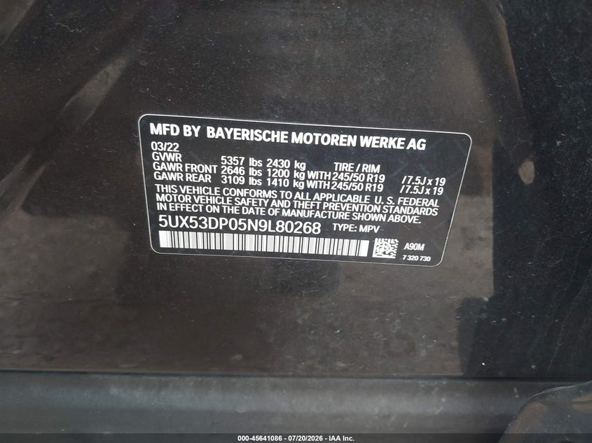 2022 BMW X3 xDrive30I VIN: 5UX53DP05N9L80268 Lot: 45641086