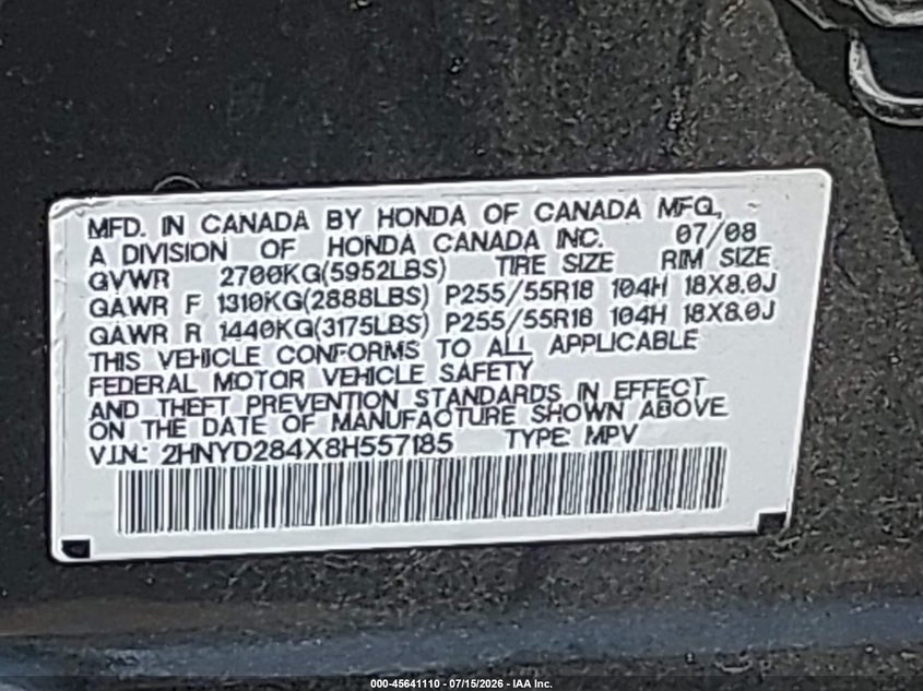2008 Acura Mdx Technology Package VIN: 2HNYD284X8H557185 Lot: 45641110