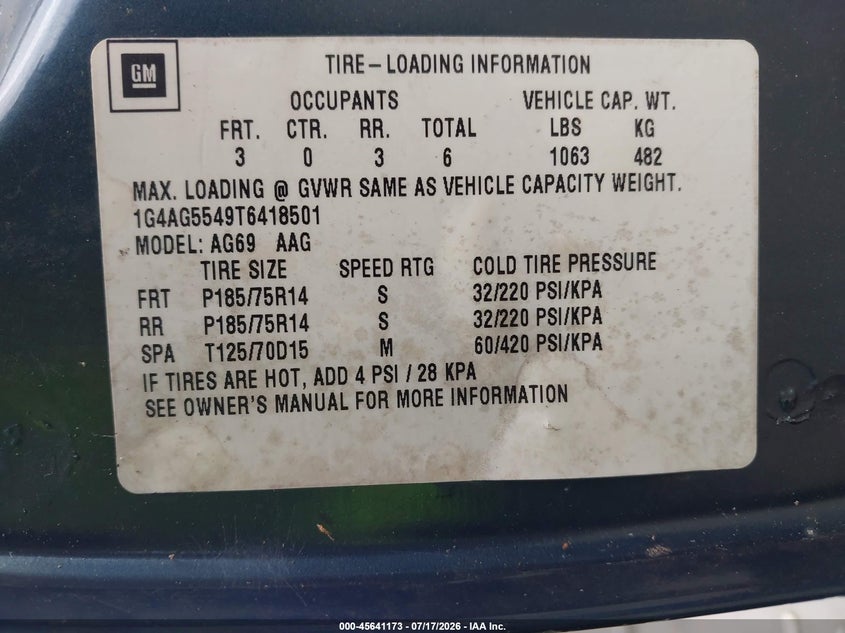 1996 Buick Century Special/Custom/Limited VIN: 1G4AG5549T6418501 Lot: 45641173