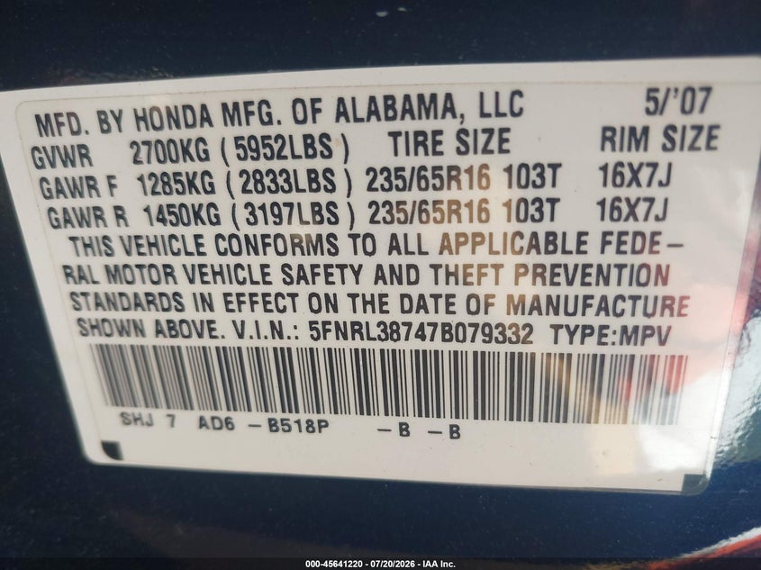 2007 Honda Odyssey Ex-L VIN: 5FNRL38747B079332 Lot: 45641220