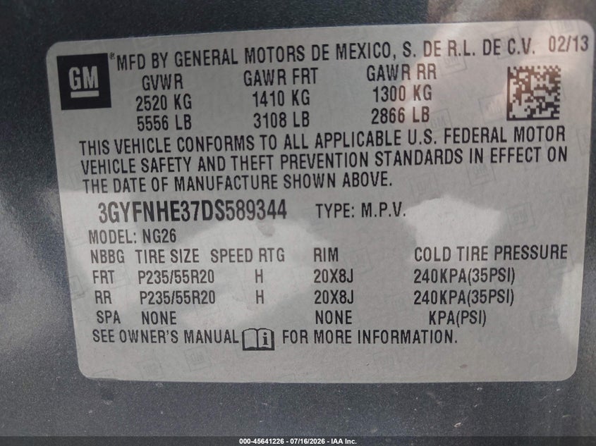 2013 Cadillac Srx Performance Collection VIN: 3GYFNHE37DS589344 Lot: 45641226