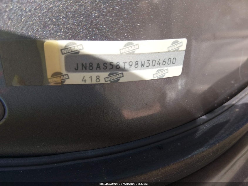 2008 Nissan Rogue S VIN: JN8AS58T98W304600 Lot: 45641228