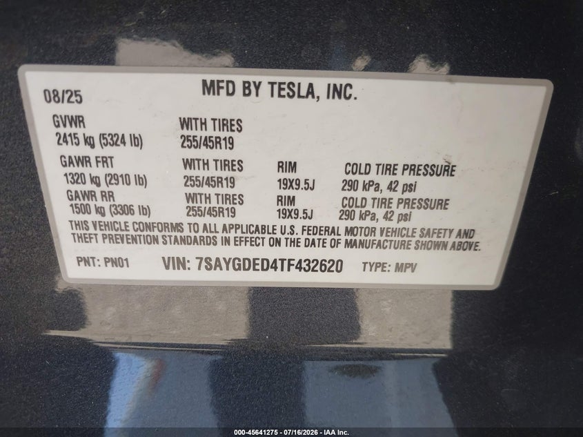 2026 Tesla Model Y Premium Rear-Wheel Drive/Rear-Wheel Drive VIN: 7SAYGDED4TF432620 Lot: 45641275