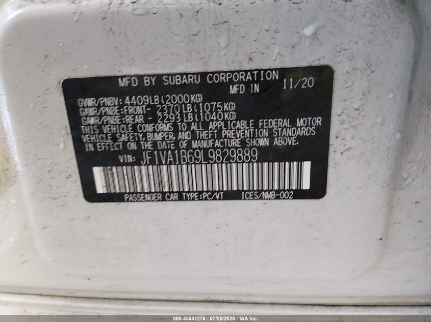 2020 Subaru Wrx Premium VIN: JF1VA1B69L9829889 Lot: 45641276