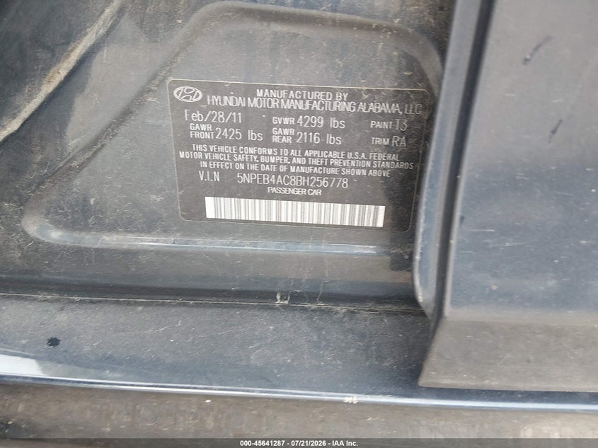 2011 HYUNDAI SONATA SEDAN 2.4L I-4 DI, DOHC, VVT, 198HP