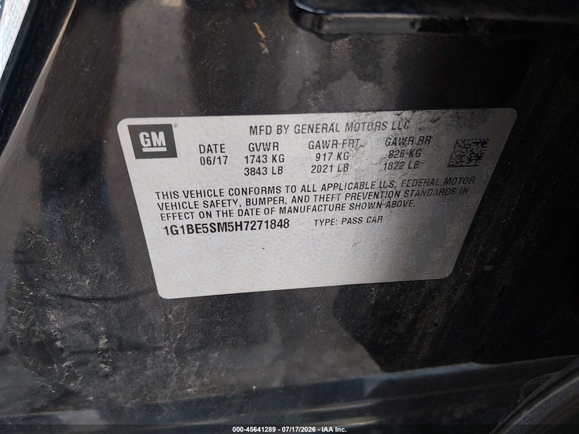 2017 Chevrolet Cruze Lt Auto VIN: 1G1BE5SM5H7271848 Lot: 45641289