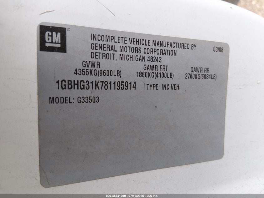 2008 Chevrolet Express Cutaway Work Van VIN: 1GBHG31K781195914 Lot: 45641290