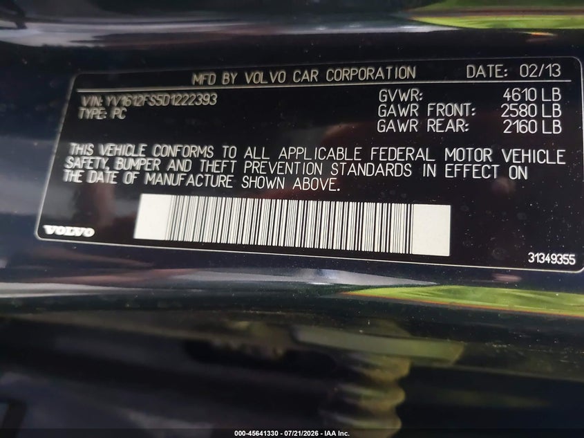2013 Volvo S60 T5 Platinum VIN: YV1612FS5D1222393 Lot: 45641330