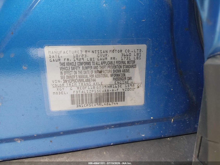 2024 Nissan Kicks Sv Xtronic Cvt VIN: 3N1CP5CV9RL486744 Lot: 45641331