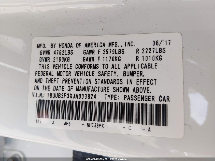 2018 Acura Tlx VIN: 19UUB3F3XJA003824 Lot: 45641355