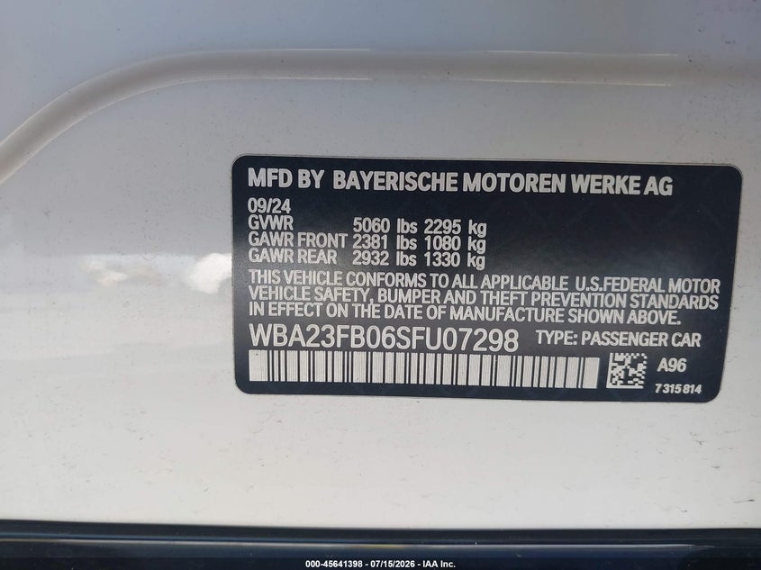 2025 BMW 430I Gran Coupe VIN: WBA23FB06SFU07298 Lot: 45641398
