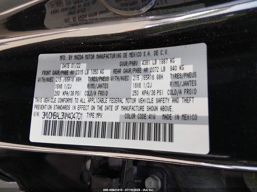 2022 Mazda Cx-30 2.5 S VIN: 3MVDMBAL3NM404701 Lot: 45641410