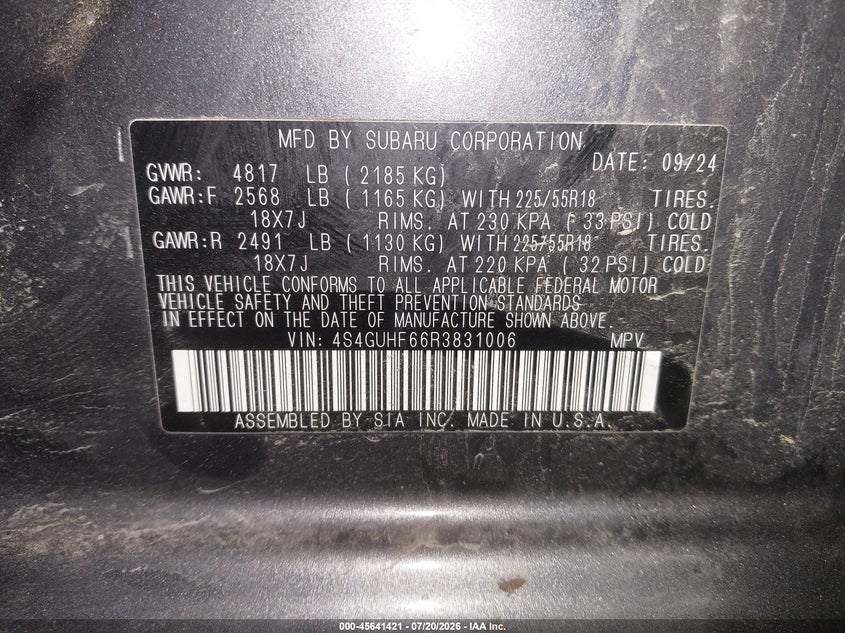 2024 Subaru Crosstrek Sport VIN: 4S4GUHF66R3831006 Lot: 45641421