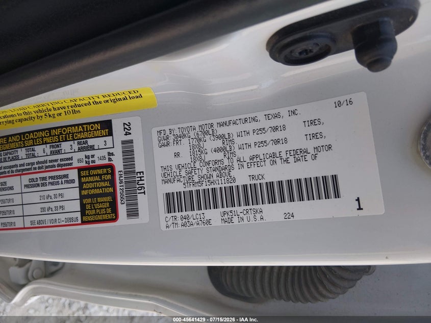 TOYOTA TUNDRA 2017 VIN 5TFRM5F15HX111820