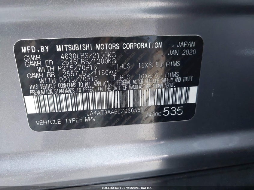 2020 Mitsubishi Eclipse Cross Es 1.5T Awc VIN: JA4AT3AA6LZ036581 Lot: 45641431