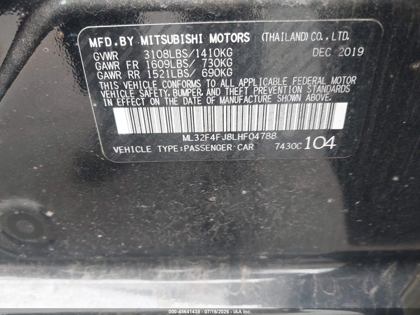 2020 Mitsubishi Mirage G4 Le VIN: ML32F4FJ8LHF04788 Lot: 45641438
