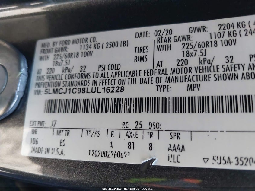 2020 Lincoln Corsair Standard VIN: 5LMCJ1C98LUL16228 Lot: 45641450