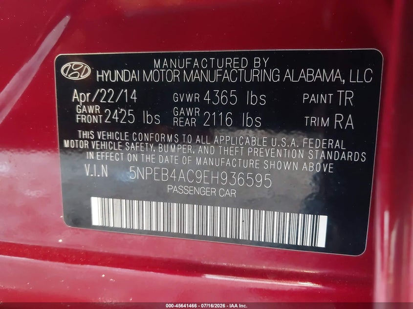 HYUNDAI SONATA 2014 VIN 5NPEB4AC9EH936595