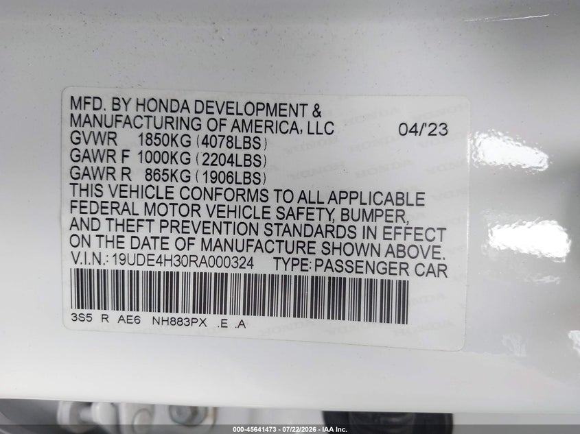 2024 Acura Integra A-Spec VIN: 19UDE4H30RA000324 Lot: 45641473
