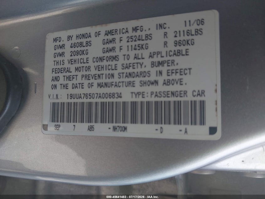 2007 Acura Tl Type S VIN: 19UUA76507A006834 Lot: 45641483