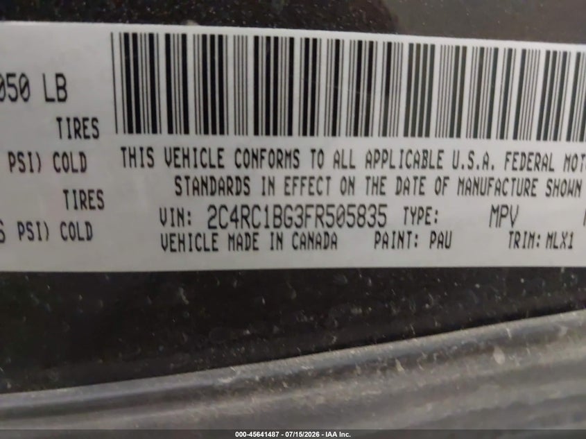 2015 Chrysler Town & Country Touring VIN: 2C4RC1BG3FR505835 Lot: 45641487