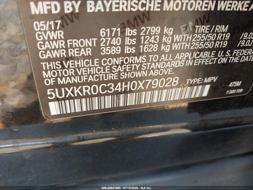 2017 BMW X5 xDrive35I VIN: 5UXKR0C34H0X79028 Lot: 45641490