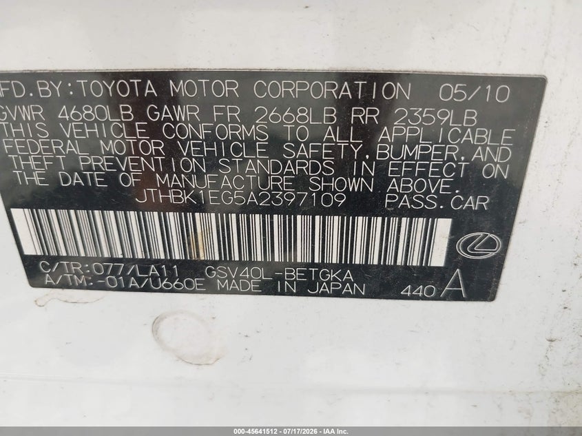2010 Lexus Es 350 VIN: JTHBK1EG5A2397109 Lot: 45641512