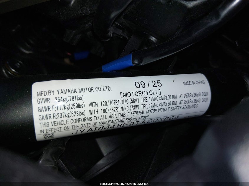 2026 Yamaha Mtn690 VIN: JYARM48E9TA003864 Lot: 45641525