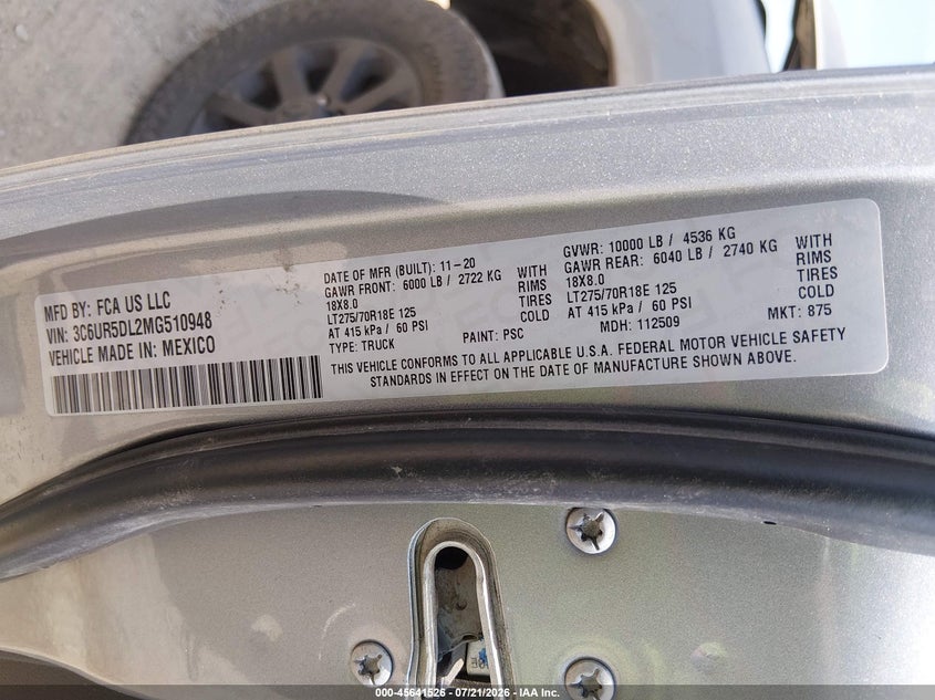 2021 Ram 2500 Big Horn 4X4 6'4 Box VIN: 3C6UR5DL2MG510948 Lot: 45641526