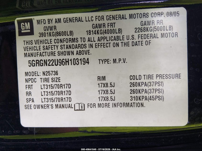 2006 Hummer H2 Sut VIN: 5GRGN22U96H103194 Lot: 45641549