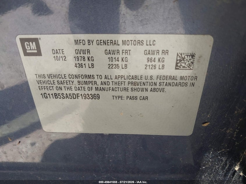 2013 Chevrolet Malibu 1Ls VIN: 1G11B5SA5DF193369 Lot: 45641555