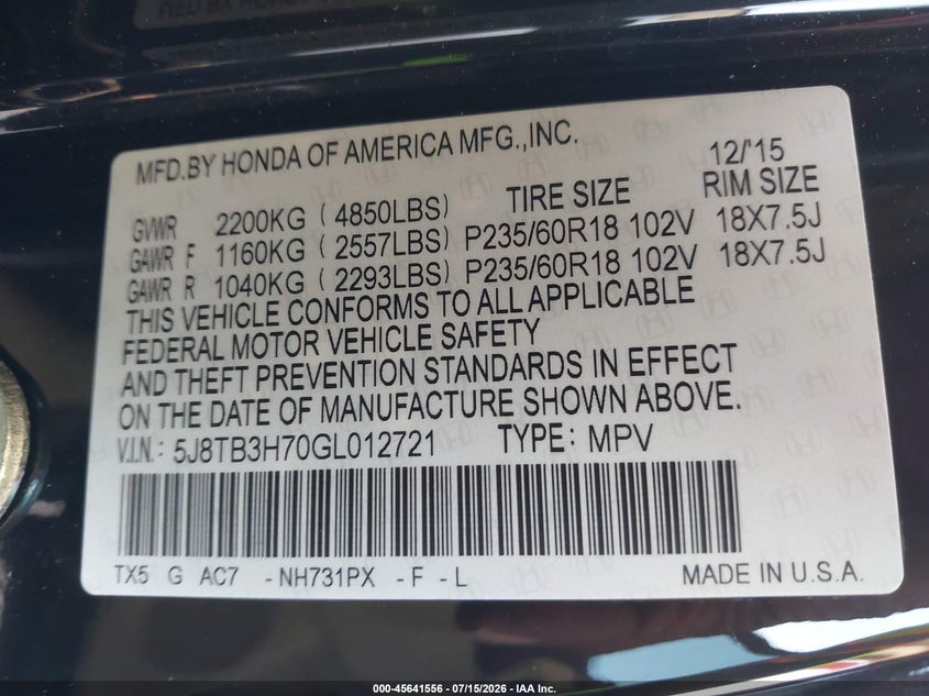 2016 Acura Rdx Advance Package VIN: 5J8TB3H70GL012721 Lot: 45641556