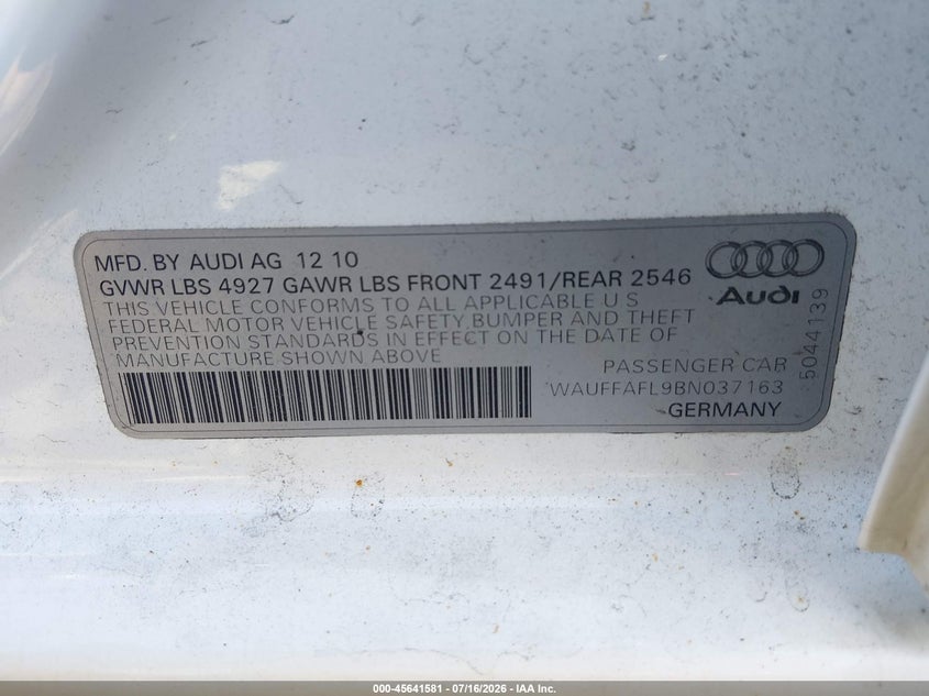 2011 Audi A4 2.0T Premium VIN: WAUFFAFL9BN037163 Lot: 45641581