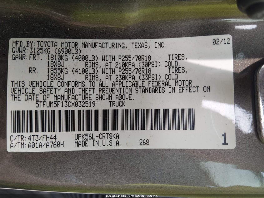 2012 Toyota Tundra Grade 4.6L V8 VIN: 5TFUM5F13CX032519 Lot: 45641584
