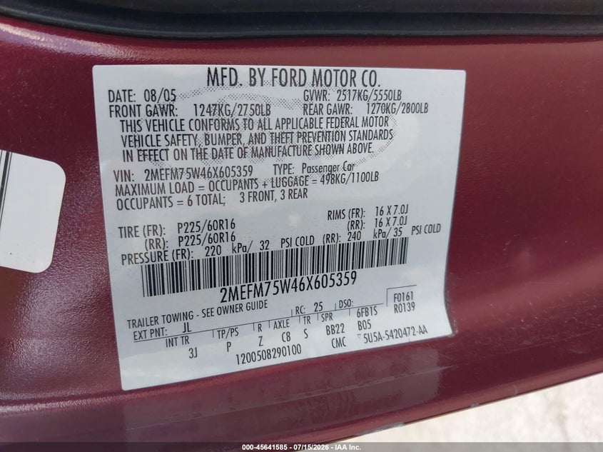 2006 Mercury Grand Marquis Ls VIN: 2MEFM75W46X605359 Lot: 45641585