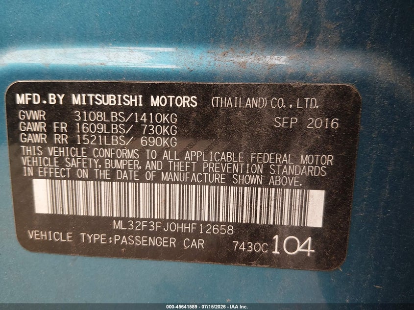 2017 Mitsubishi Mirage G4 Es VIN: ML32F3FJ0HHF12658 Lot: 45641589