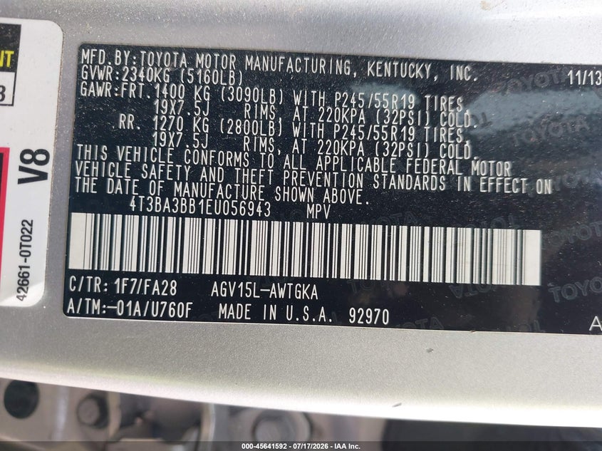 2014 Toyota Venza Le VIN: 4T3BA3BB1EU056943 Lot: 45641592