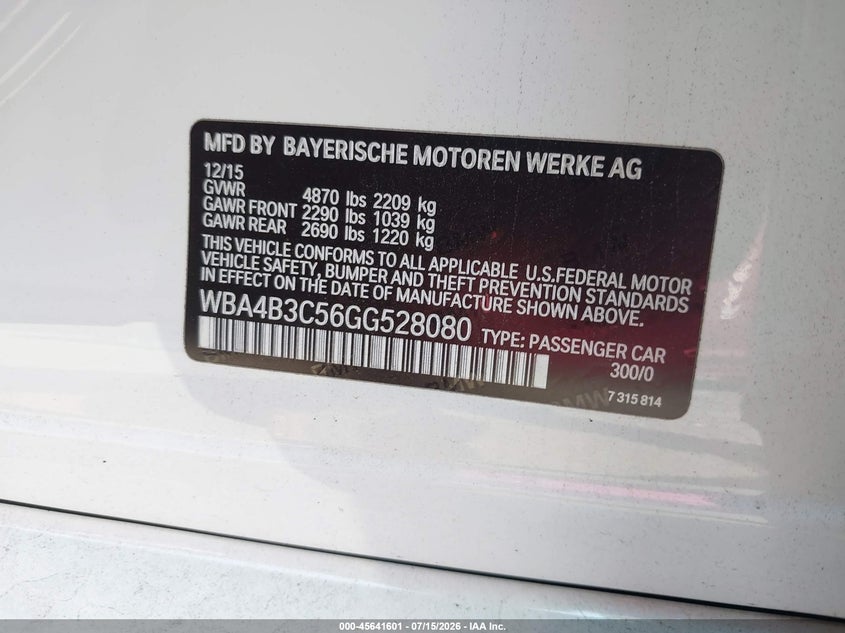 2016 BMW 435I Gran Coupe xDrive VIN: WBA4B3C56GG528080 Lot: 45641601
