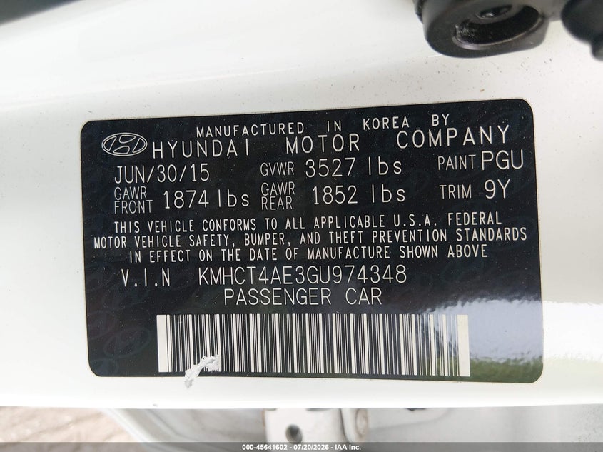 2016 Hyundai Accent Se VIN: KMHCT4AE3GU974348 Lot: 45641602