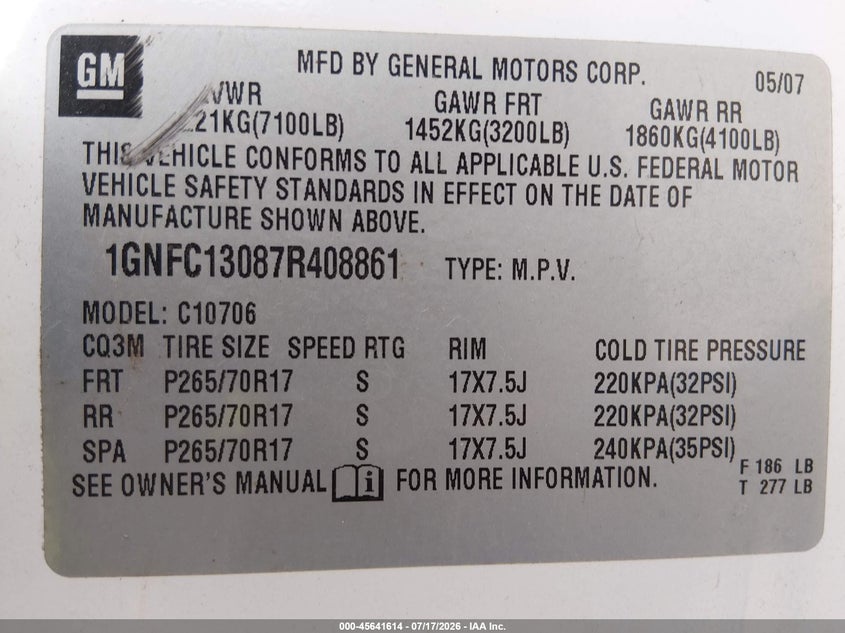 2007 Chevrolet Tahoe Ls VIN: 1GNFC13087R408861 Lot: 45641614